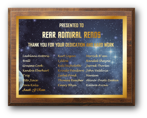 A plaque presented to Renos by the crew on stardate 239407.18
