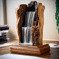 A wood sculpture with a waterfall feature