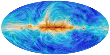 As well as the relief lines which represent the shape of the Milky Way's own Magnetic field, the colors of the image show temperature, with dark red the hottest and dark blue the coldest.