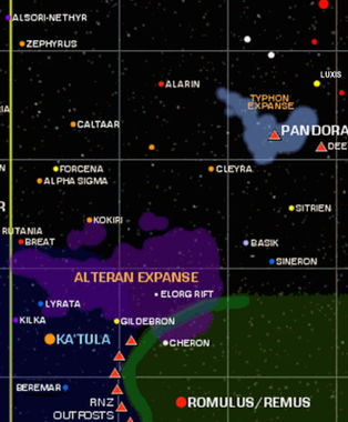 The Luxis System in relation to the Typhon Expanse, the Romulan Empire and nearby Federation facilities.