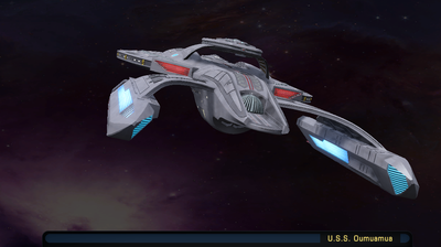 The rear of the Luna-class ship, the Oumuamua, against a backdrop of a Gamma Quadrant Nebula